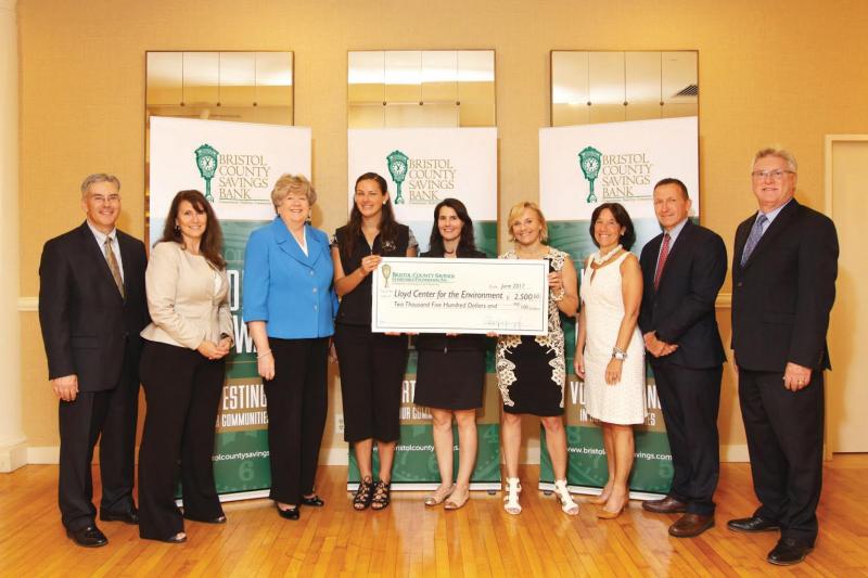(from left to right): Dennis Leahy, EVP, Treasurer & CFO, Bristol County Savings Bank (BCSB) and Treasurer, Bristol County Savings Charitable Foundation (BCSCF); Maureen Sylvia Armstrong, member, BCSCF Southcoast Advisory Board; Dr. Jean MacCormack, Chair, BCSCF Southcoast Advisory Board; Erika Fernandes, Lloyd Center for the Environment Outreach Educator; Ashley Gesner, Lloyd Center Education & Outreach Specialist; Christina Connelly, Mayor Jon Mitchell's Assistant Chief of Staff, City of New Bedford; Koreen Santos, member, BCSCF Southcoast Advisory Board; Charlie Fellows, member, BCSCF Southcoast Advisory Board; and Patrick Murray, President & CEO, BCSB and President, BCSCF.